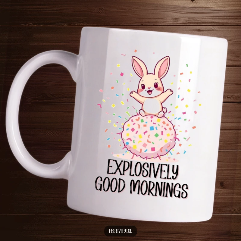 Funny rabbit mug featuring a playful rabbit joyfully bouncing on top of a giant confetti bomb, ready to explode with fun.