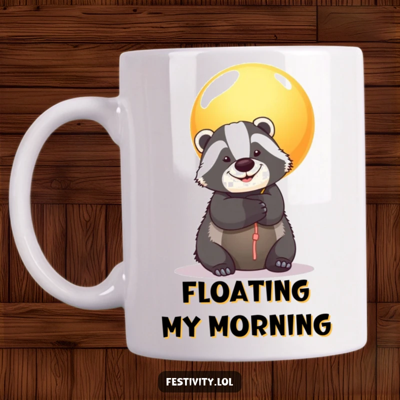 Funny Badger Balloon Mug: A smiling badger is embraced by a giant, colorful balloon, radiating warmth and happiness, perfect for mugs.
