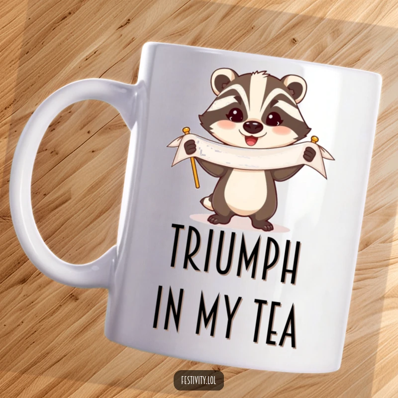 Funny Badger Mug: A triumphant badger proudly holds a banner with a happy expression, celebrating success humorously.