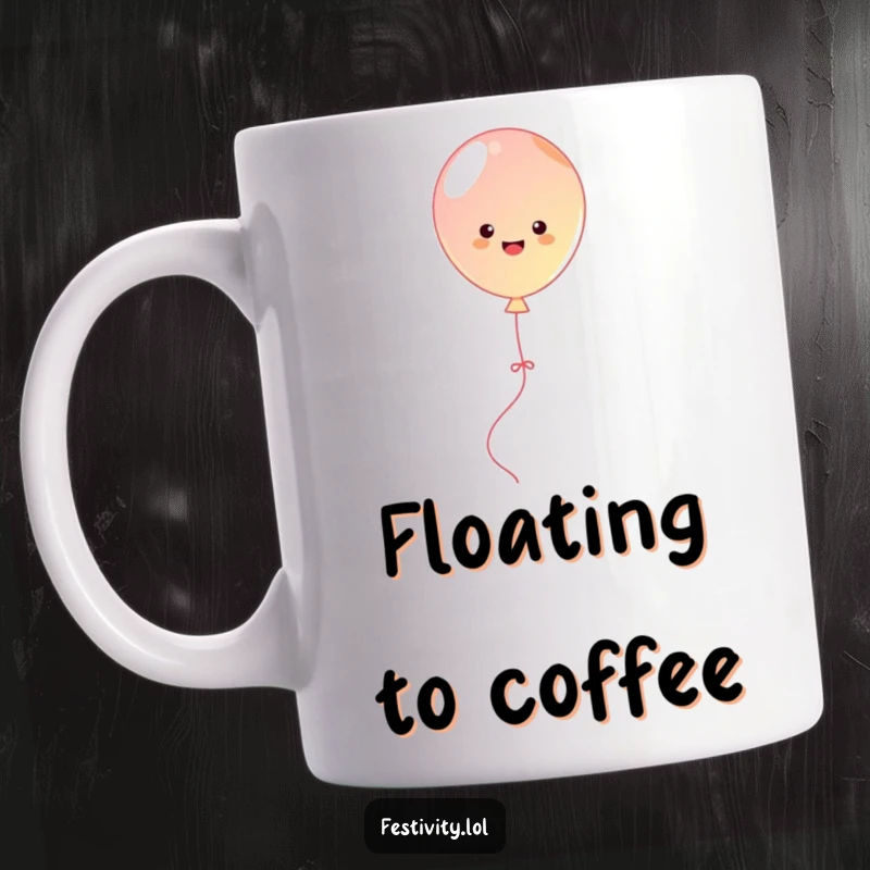 Funny cute balloon joyfully bouncing with streamers, a whimsical and humorous design on a mug.