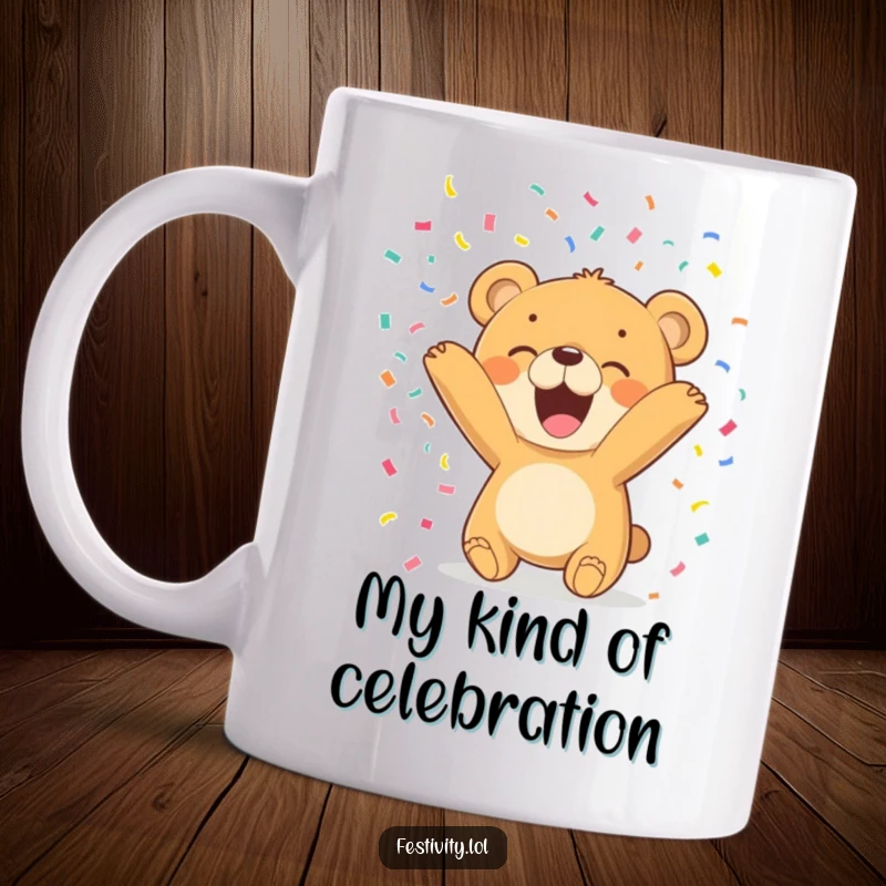 Funny Bear Cub Mug tosses colorful confetti with pure delight, a cheerful and humorous addition to any celebration.