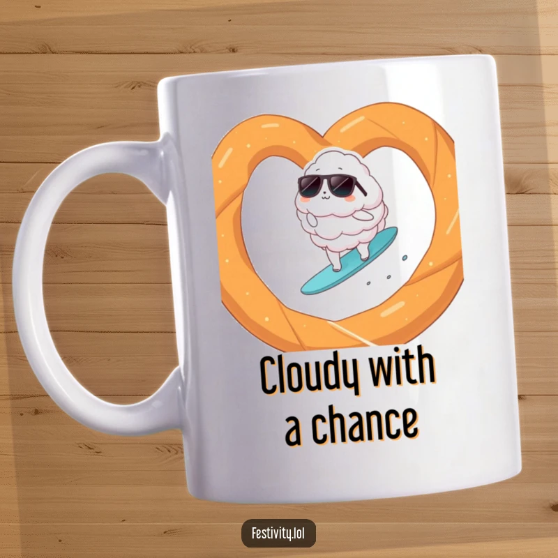 Funny fluffy cloud wearing sunglasses joyfully surfing on a giant pretzel, conveying a surreal and comical beach vibe.