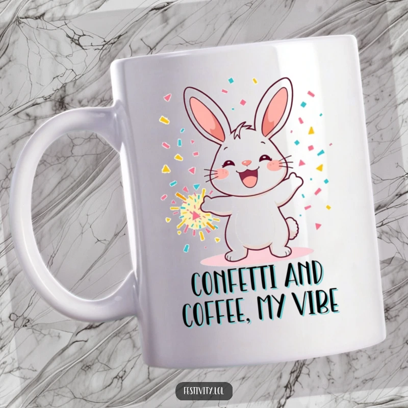 Funny mug featuring a cheerful bunny smiling widely while launching a giant confetti bomb, radiating pure joy and celebratory energy.