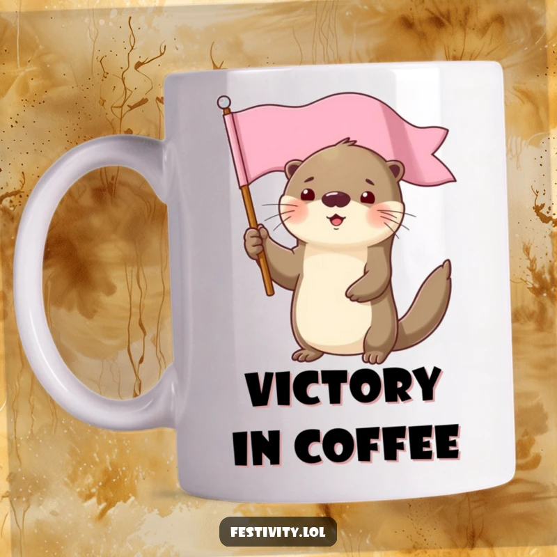 Funny determined otter character smiling while holding a flag high mug, symbolizing victory.