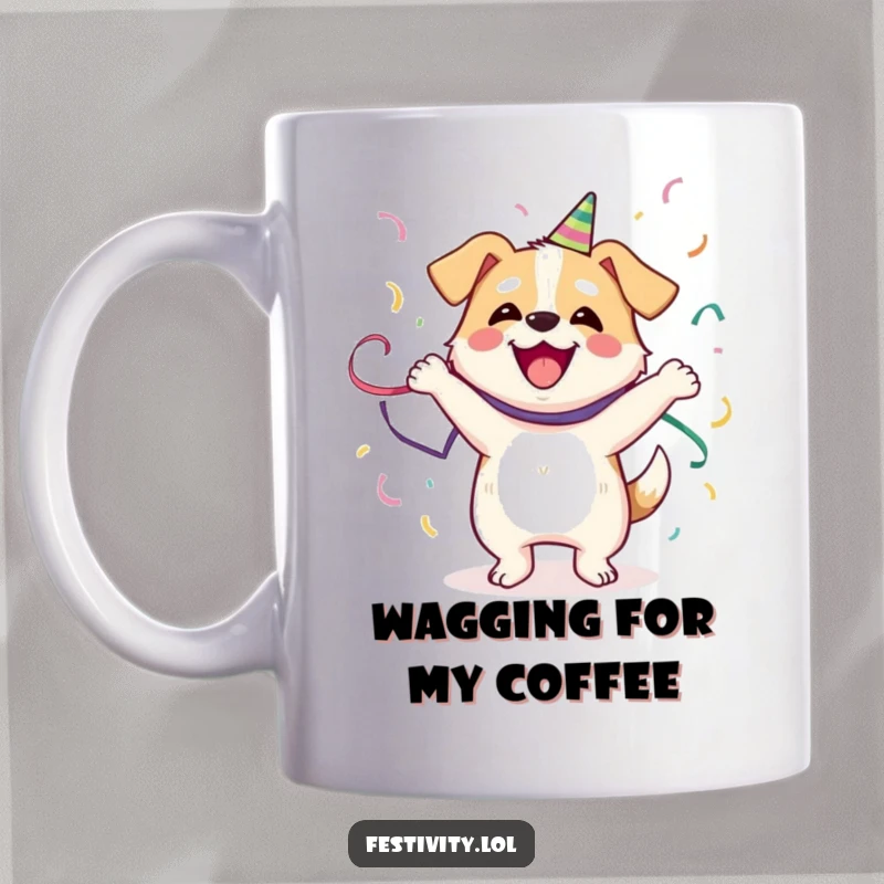 Funny Dog Mug: A happy dog joyfully dances, wrapped in colorful streamers, radiating pure, humorous delight.