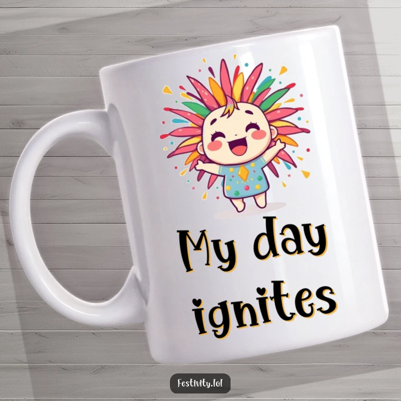 Funny firework mug, jubilantly bursting with colorful, joyful patterns, celebrating with explosive energy and cheer.