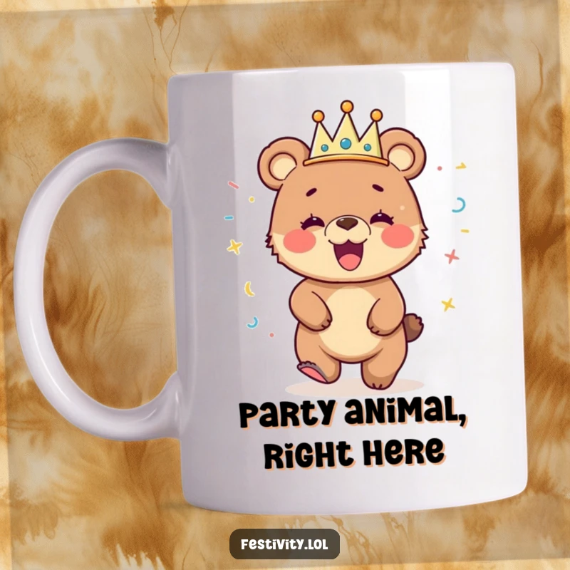 Funny bear cub mug with a streamer crown, gleefully dancing and spreading joy, perfect for parties and celebrations.