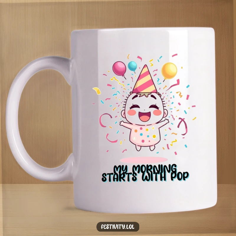 Funny party popper mug giggling uncontrollably, exploding with vibrant colorful streamers and confetti, a perfect celebration starter.