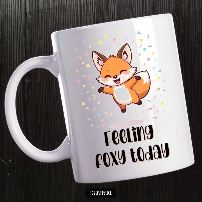 Funny mug featuring a grinning fox leaping through a shower of confetti, celebrating joy and excitement.