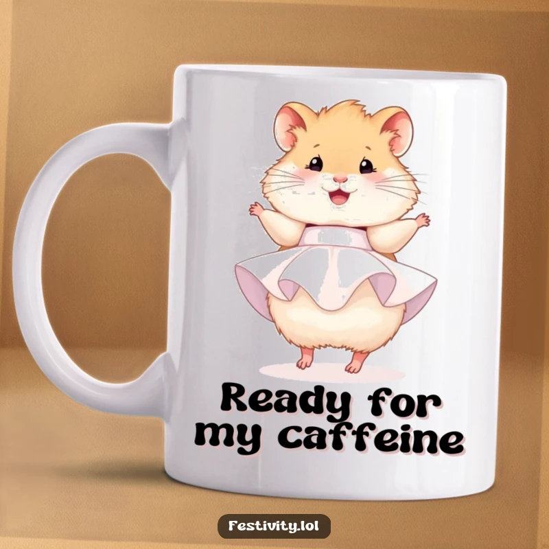 Funny hamster mug, a fluffy hamster in a tiny party dress, happily twirling, radiating pure joy and cuteness.