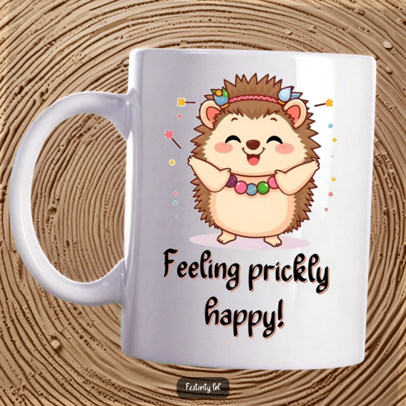 Funny Hedgehog Mug: A happy hedgehog adorned with festive garlands, dancing with pure glee and infectious joy.