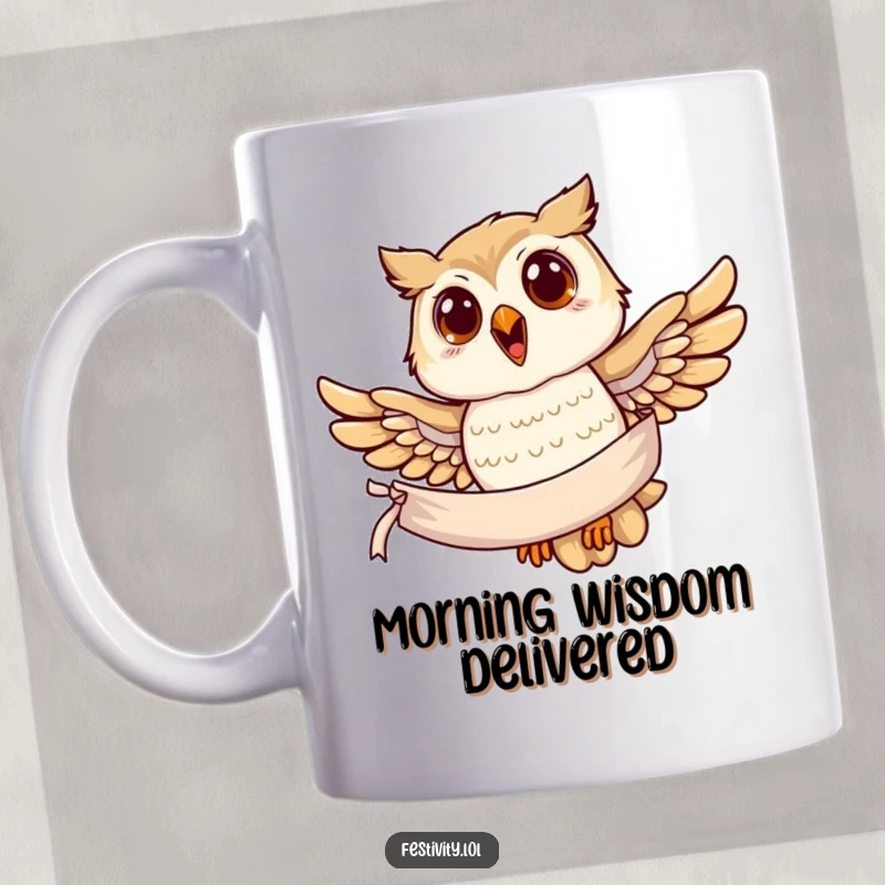Funny owl mug, a joyful owl soaring majestically with a banner held firmly in its talons, carrying a message.