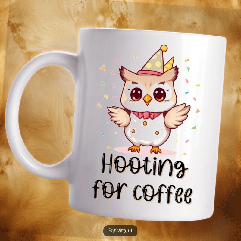 Funny tiny owl character dressed as a party planner, excitedly tossing confetti on a coffee mug.