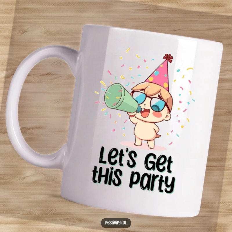 Funny delighted character in a party hat blowing a giant confetti cannon on a mug.