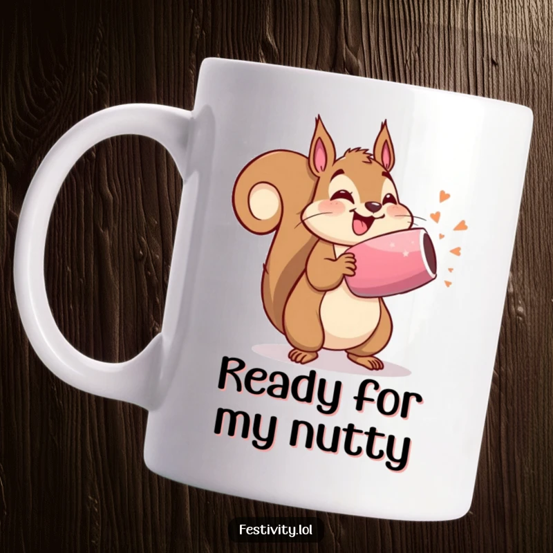 Funny mug with a delighted squirrel holding a giant party popper ready to burst, vibrant and celebratory design.
