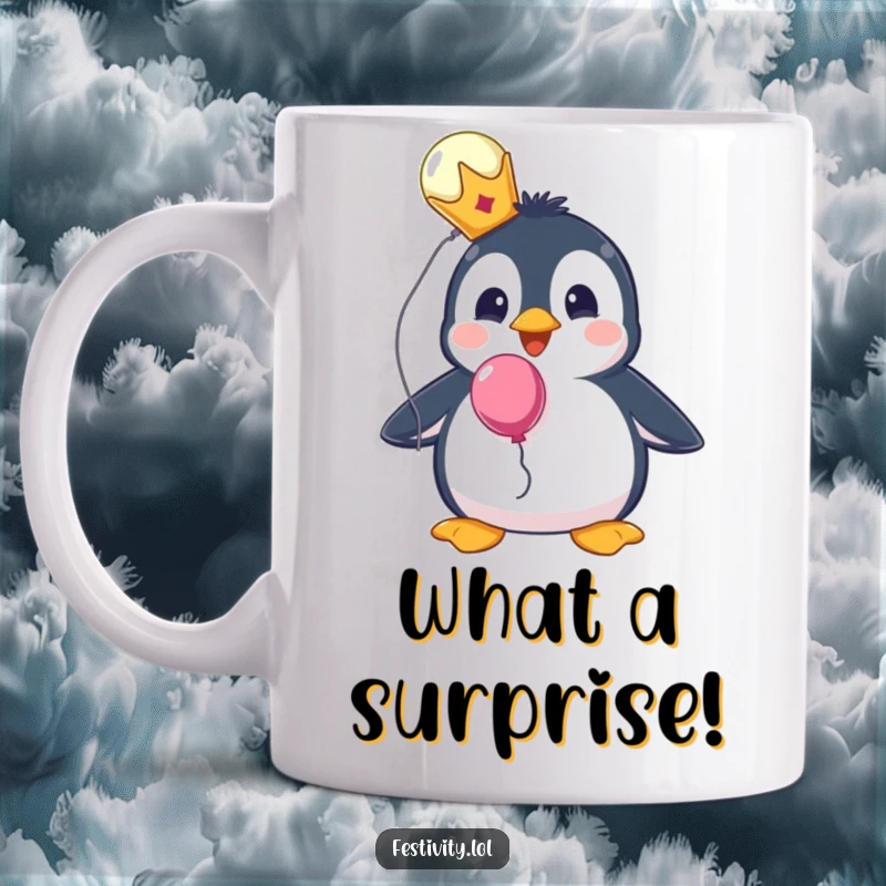 Funny mug featuring a surprised penguin wearing a tiny crown and holding a balloon, looking quite royal.