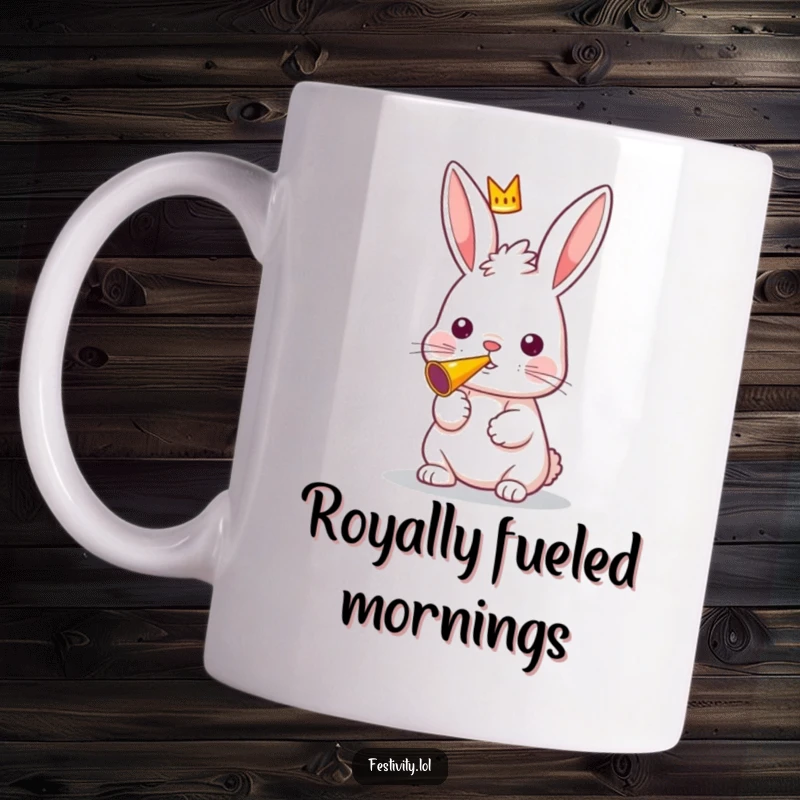 Funny mug showing a curious rabbit adorned with a tiny crown, enthusiastically blowing a party horn.