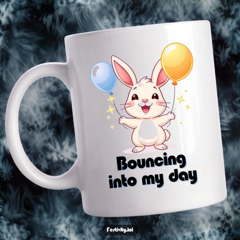 Funny mug showcasing a cheerful rabbit with a wide smile, expertly juggling sparkling balloons, radiating happiness and fun.
