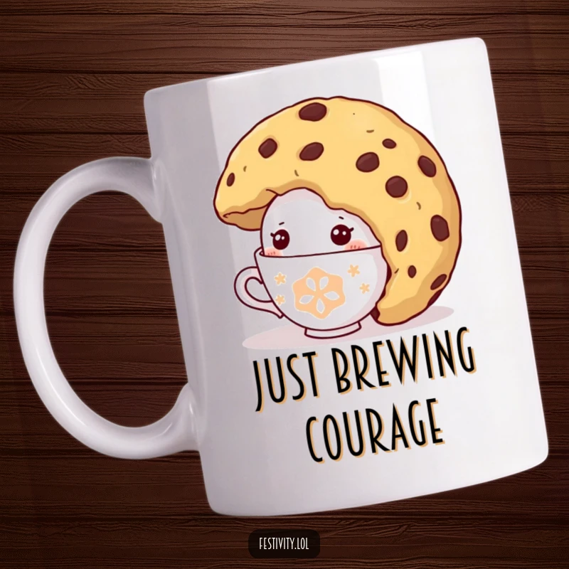 Funny Shy Teacup Mug: A shy teacup character comically peeking from under a giant cookie, offering sweet, gentle humor.