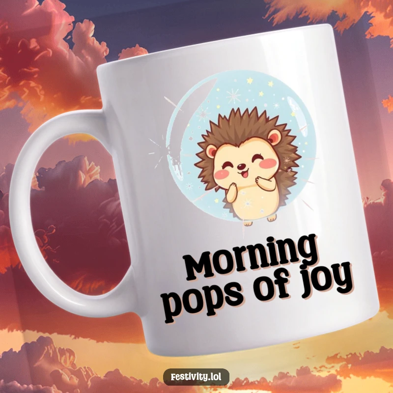 Funny mug depicting a smiling hedgehog blowing a huge bubble filled with tiny, colorful fireworks, radiating happiness.