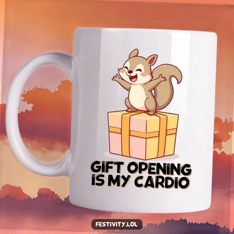 Funny mug showing a delighted squirrel joyfully bouncing high on a huge, wrapped gift with absolute glee.