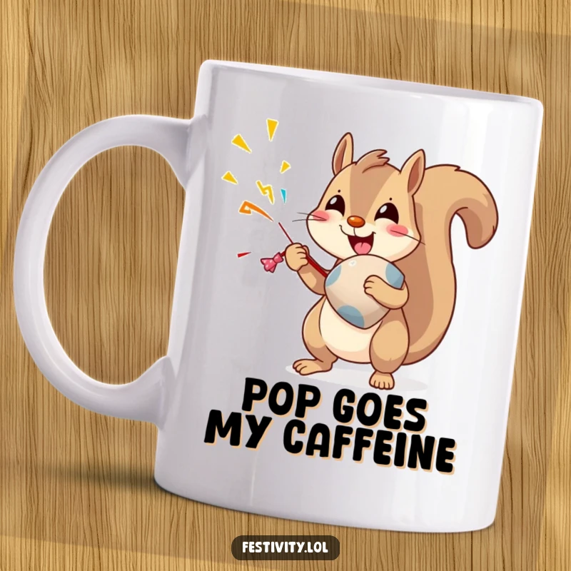 Funny Squirrel Mug: A delighted squirrel pops an oversized party popper, ready for a hilarious celebration, perfect for gift-giving.