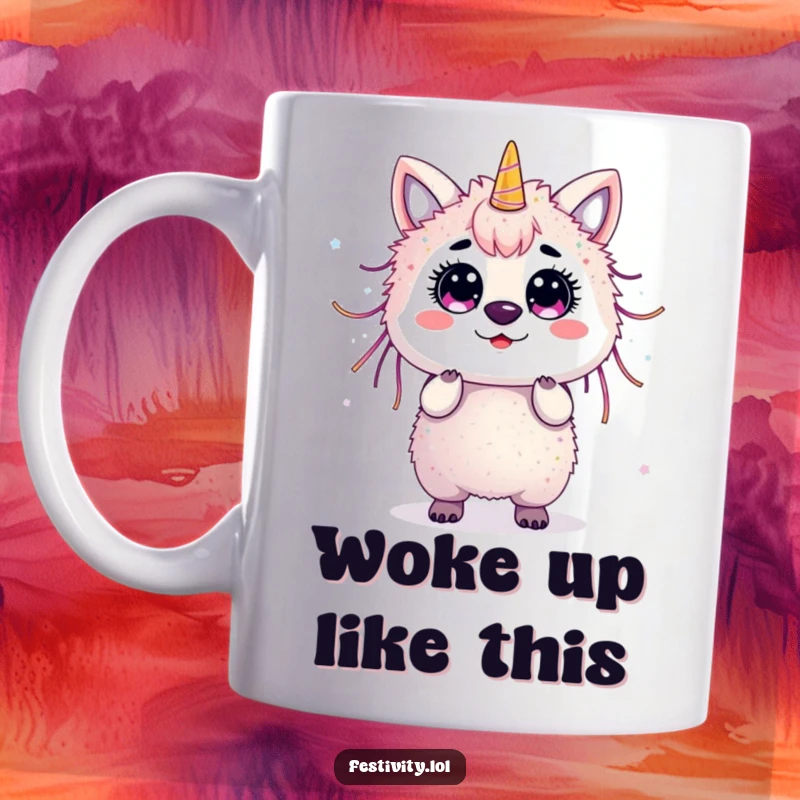 Funny surprised animal covered in streamers and glitter, caught off guard on a mug.