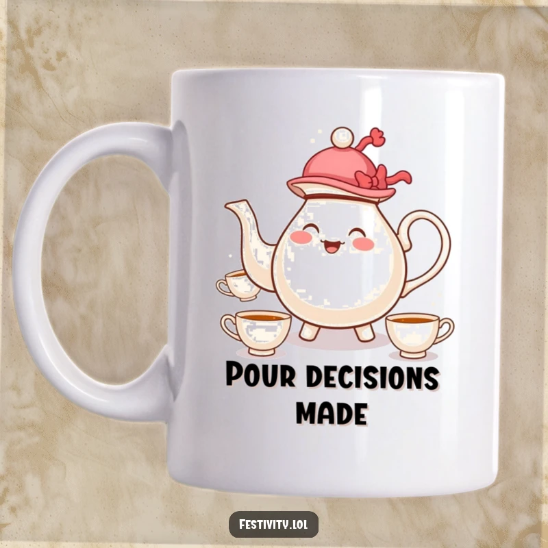 Funny mug showcasing a whimsical teapot wearing a hat and merrily juggling teacups, perfect for tea parties.