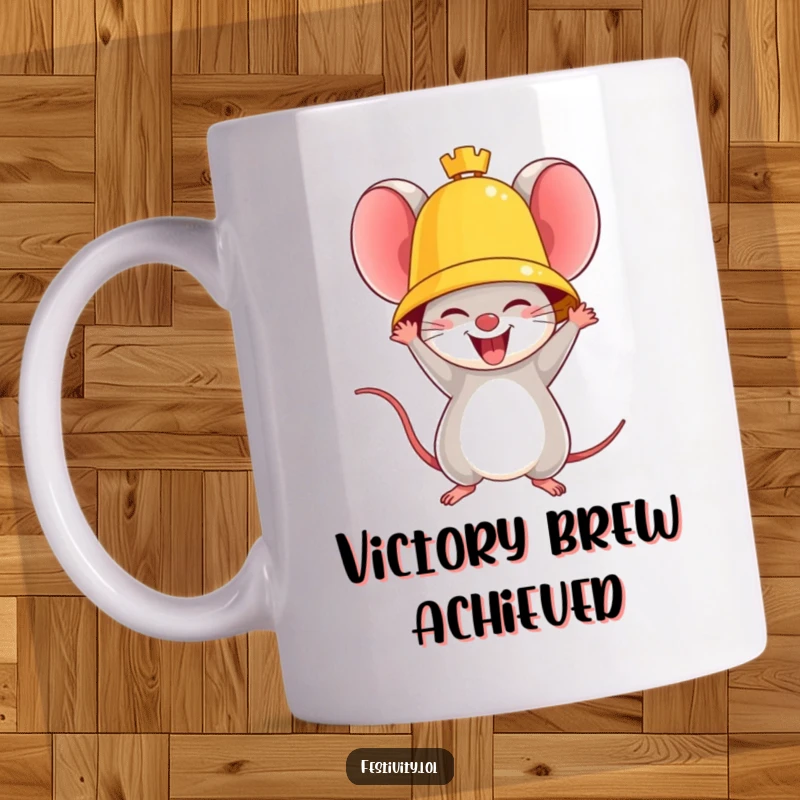 Funny mug with a triumphant mouse joyfully ringing a giant golden bell, celebrating success and happiness.