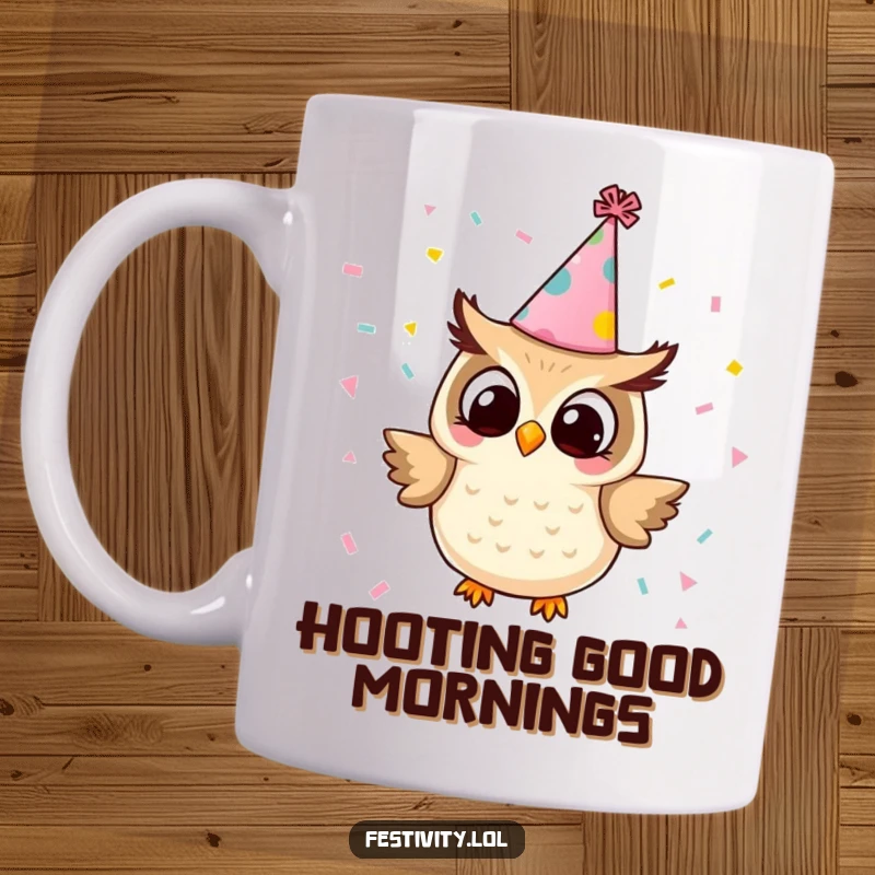 Funny owl mug featuring a tiny owl in a party hat joyfully releasing confetti, embodying pure celebration and whimsical fun.