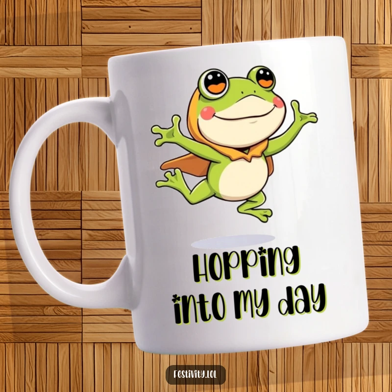 Funny mug with a silly frog wearing a costume and leaping enthusiastically, vibrant and humorous character design.