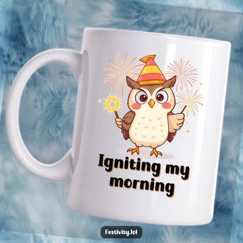 Funny mug showing a determined owl in a silly hat, igniting a massive firework, ready for a spectacular explosion of fun.