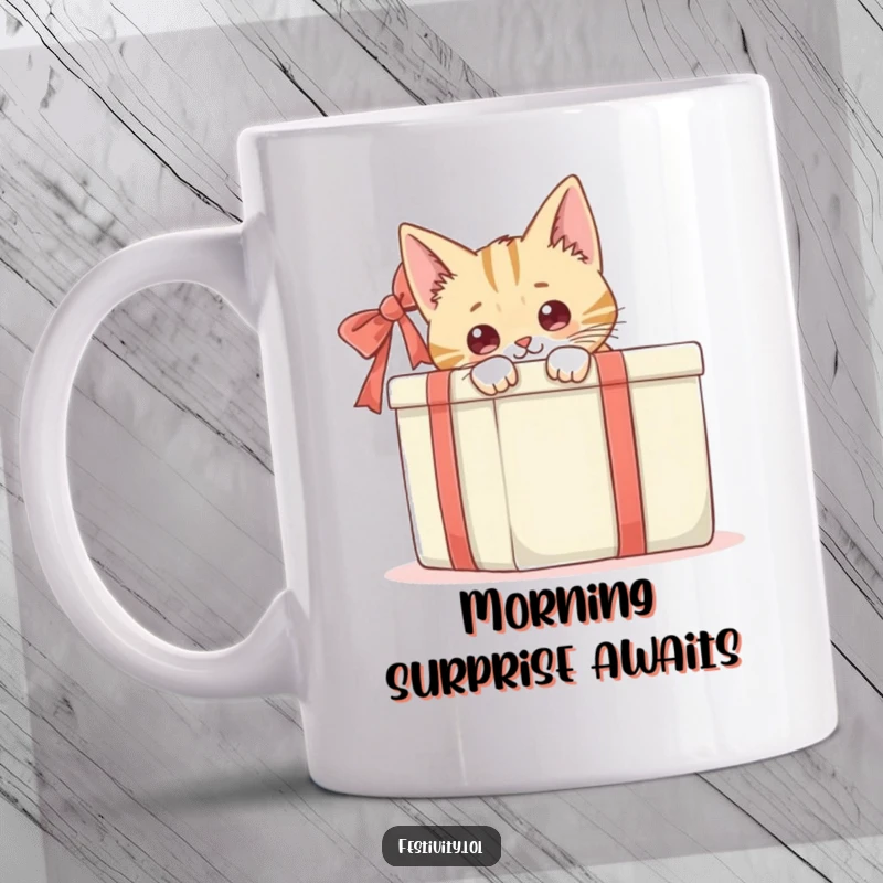 Funny, curious cat with wide eyes peeking out from behind a large, colorful gift box, a humorous depiction of anticipation.