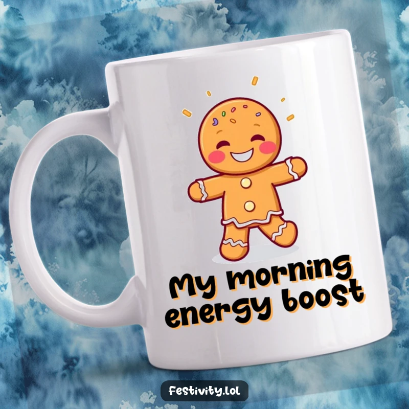 Funny Gingerbread Man Mug featuring a grinning gingerbread man character performing a joyful jig with colorful sprinkles, spreading happiness and festive vibes.