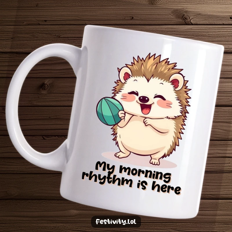 Funny hedgehog mug shaking a maraca with intense focus and pure joy, perfect for fiesta lovers and gift seekers.