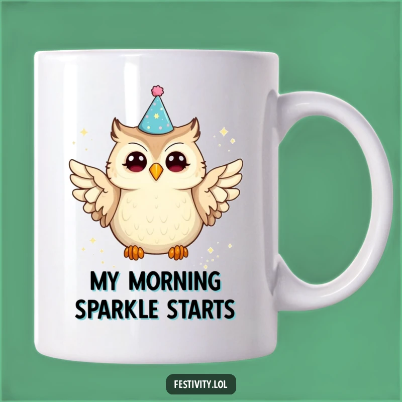 Funny Owl Party Hat Mug: Joyful Glitter Spill, Perfect Humorous Gift