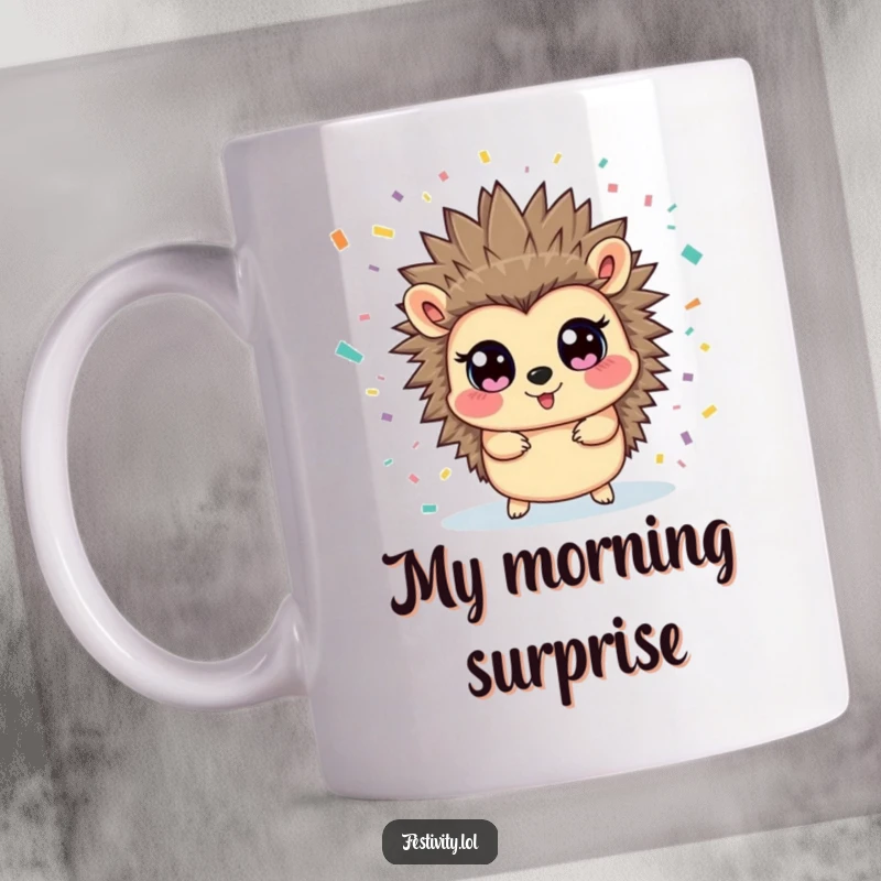 Funny hedgehog mug featuring a surprised, wide-eyed hedgehog covered in a delightful blast of confetti. A playful and joyous design.