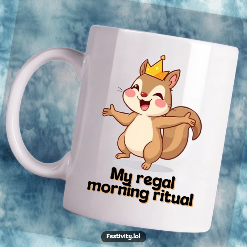 Funny mug featuring a joyful squirrel in a tiny crown, dancing with glee, a perfect gift for squirrel lovers.