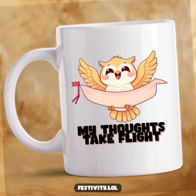Funny owl mug soaring with a banner, carrying a joyful message, perfect for bird enthusiasts and book lovers.