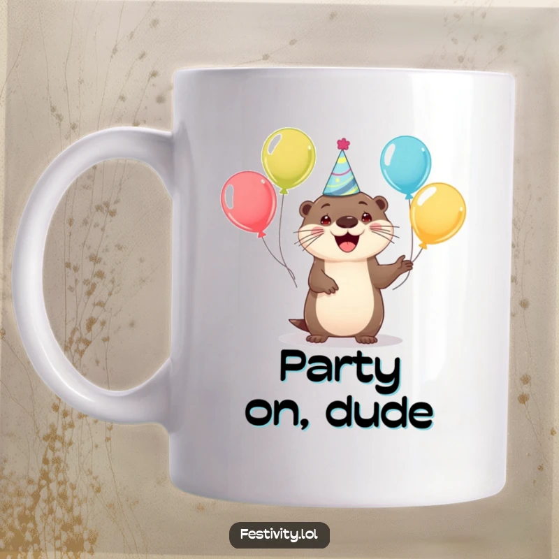 Funny mug featuring a happy otter in a party hat juggling balloons, radiating pure joy and celebration.