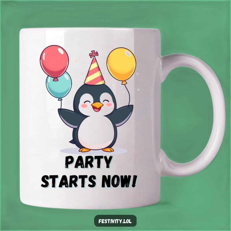 Funny Penguin Party Mug: Giggling Juggler's Festive Fun, Celebration Humor Gift