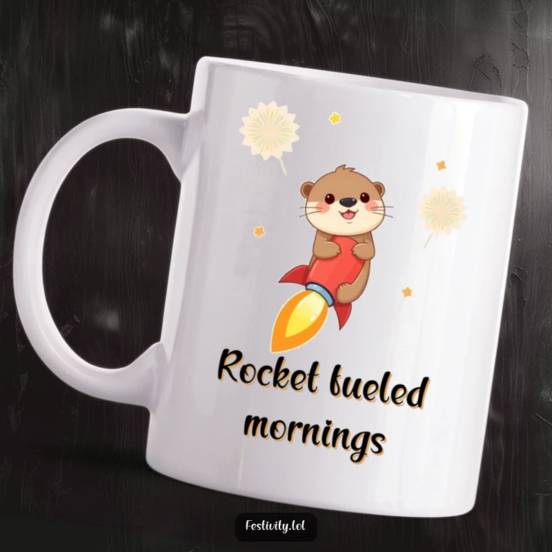 Funny otter mug showing a cheerful otter joyfully riding a firecracker like a rocket into the sky, depicting adventure and fun.