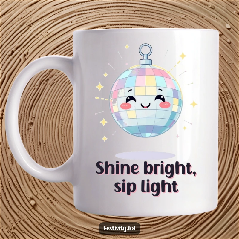 Funny disco ball mug with a satisfied twinkle, scattering bright beams of light, a cheerful and radiant design.