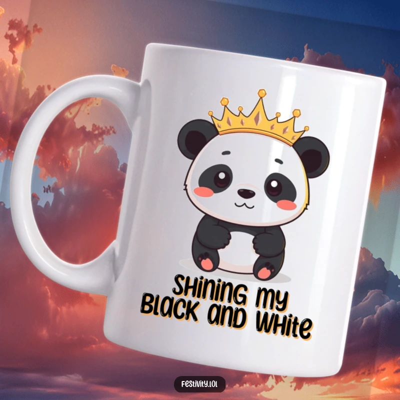 Funny determined panda proudly wearing a crown of tiny twinkling lights, looking regal and cute on a coffee mug.