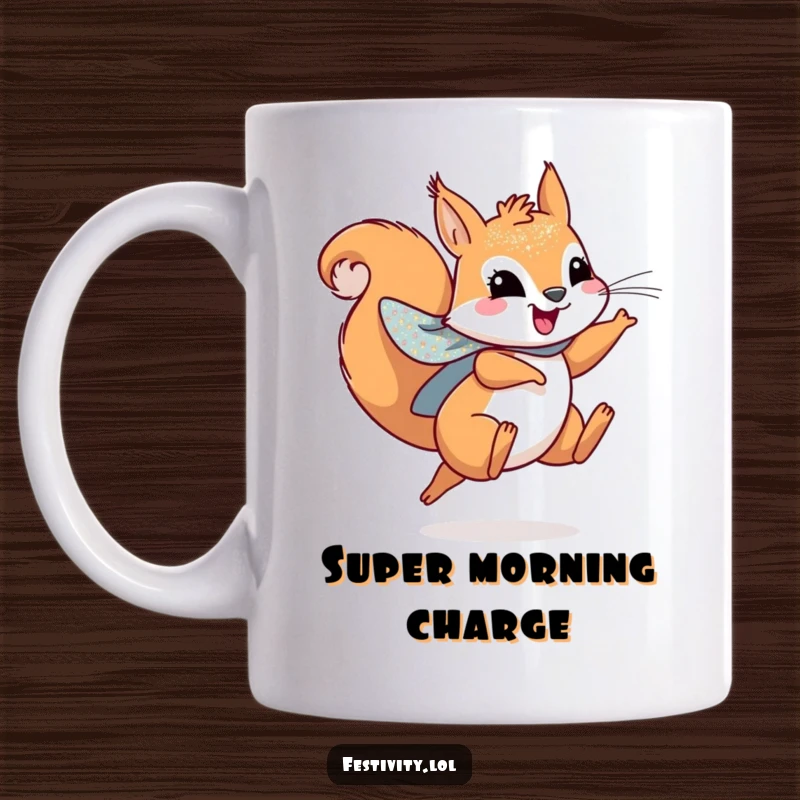 Funny mug featuring a playful squirrel wearing a sparkly cape, leaping joyfully with boundless energy.