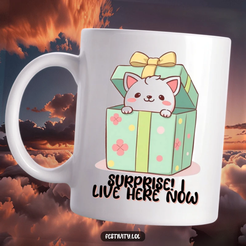 Funny mug featuring a cute, playful critter peeking from a giant, decorated gift box, bringing surprise and joy.