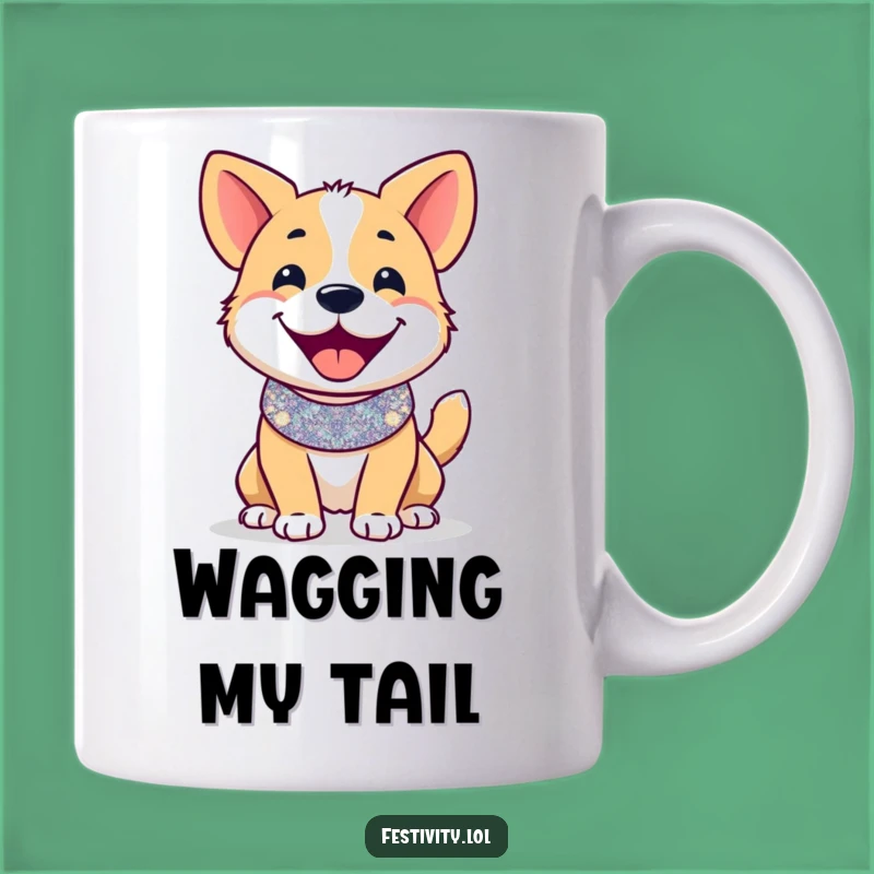 Funny Happy Dog Mug - Festive Glitter Collar, Tail Wagging Gift