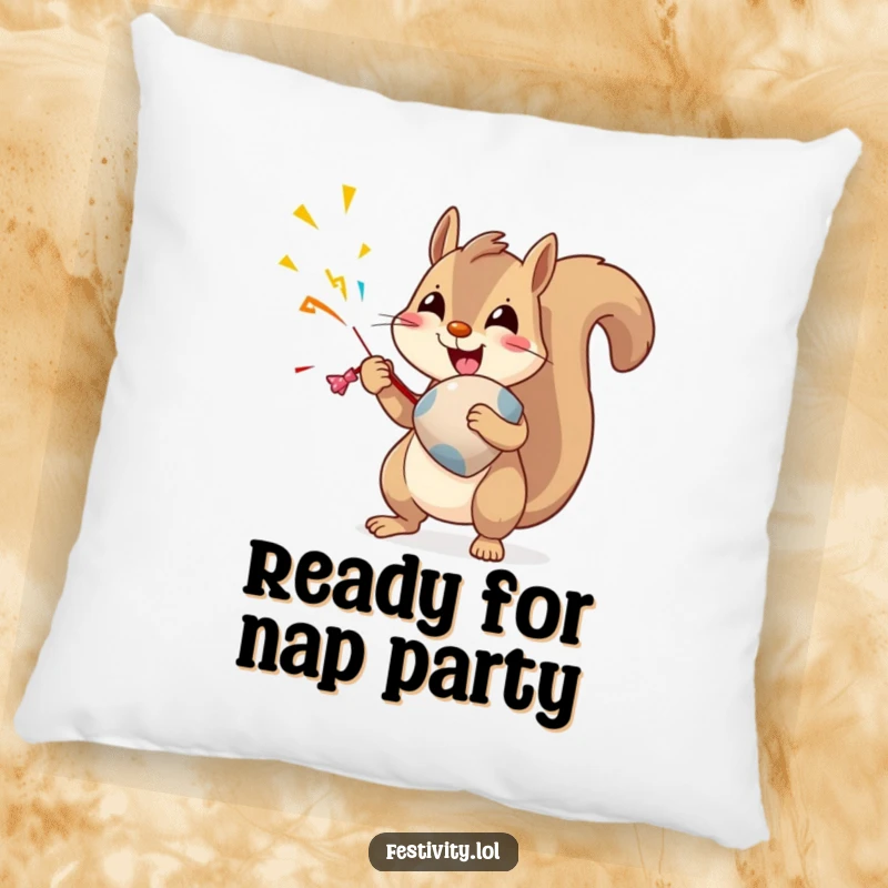 Funny Squirrel Pillow: A delighted squirrel is about to pop a party popper, bringing humorous comfort to your couch.