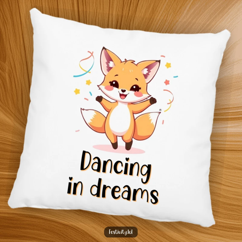 Funny pillow featuring a happy fox cub dancing with colorful streamers, designed for cozy relaxation and cheer.