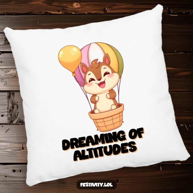 Funny Chipmunk Pillow: A beaming chipmunk in a hot air balloon, offering cozy comfort and a whimsical, funny escape.